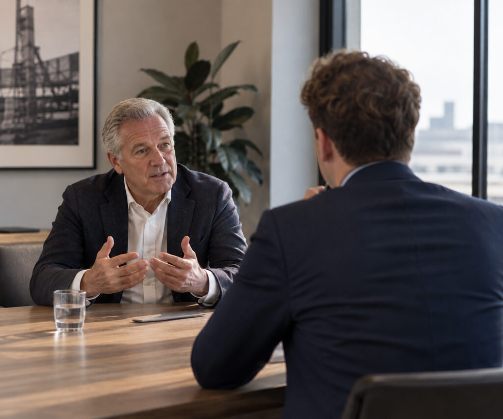 Mitchel Schildwacht in gesprek aan tafel