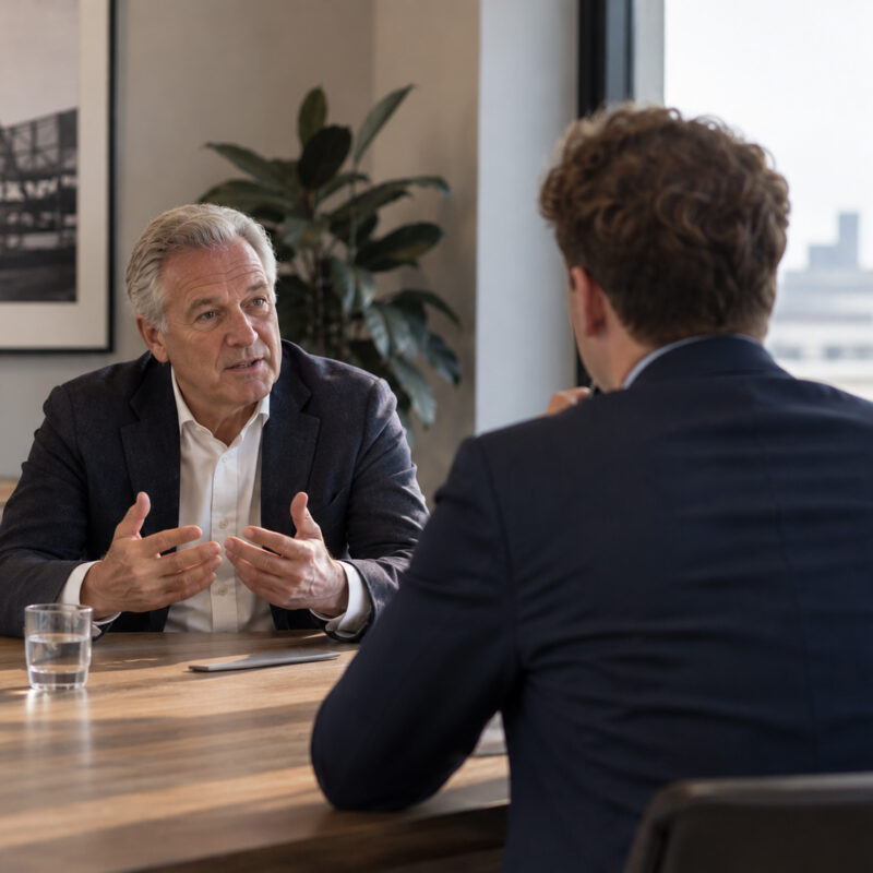 Mitchel Schildwacht in gesprek aan tafel