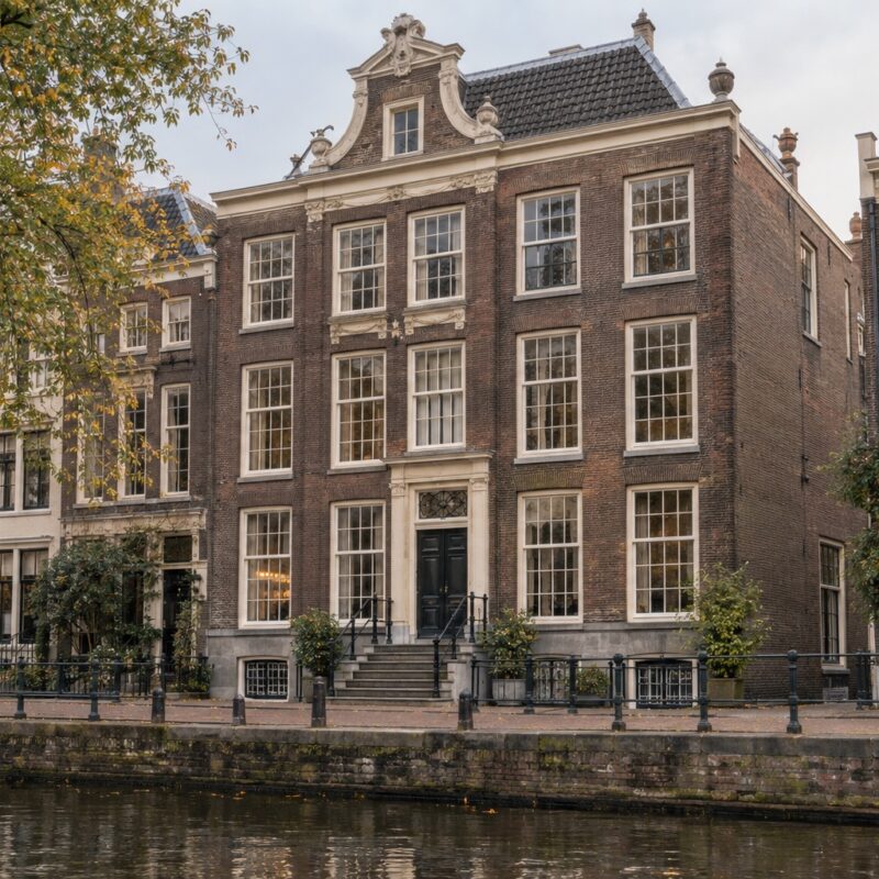 Karakteristiek bakstenen grachtenpand met hoge ramen en een stenen stoep aan het water.
