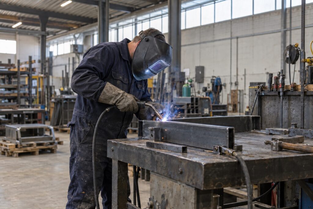 Een man last een stalen werkstuk aan een werkbank in een loods.