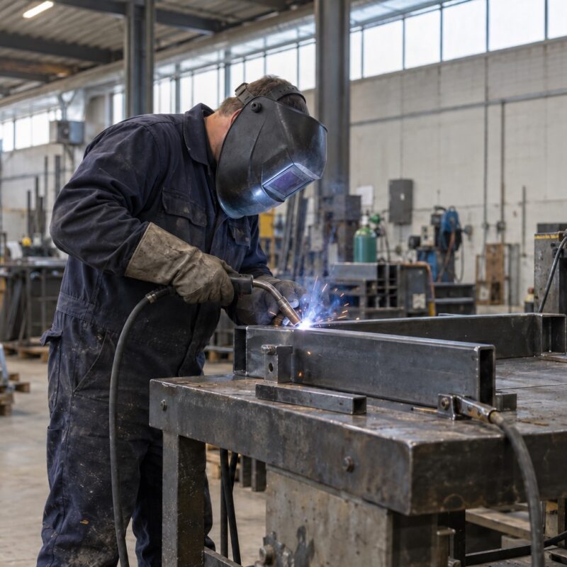 Een man last een stalen werkstuk aan een werkbank in een loods.