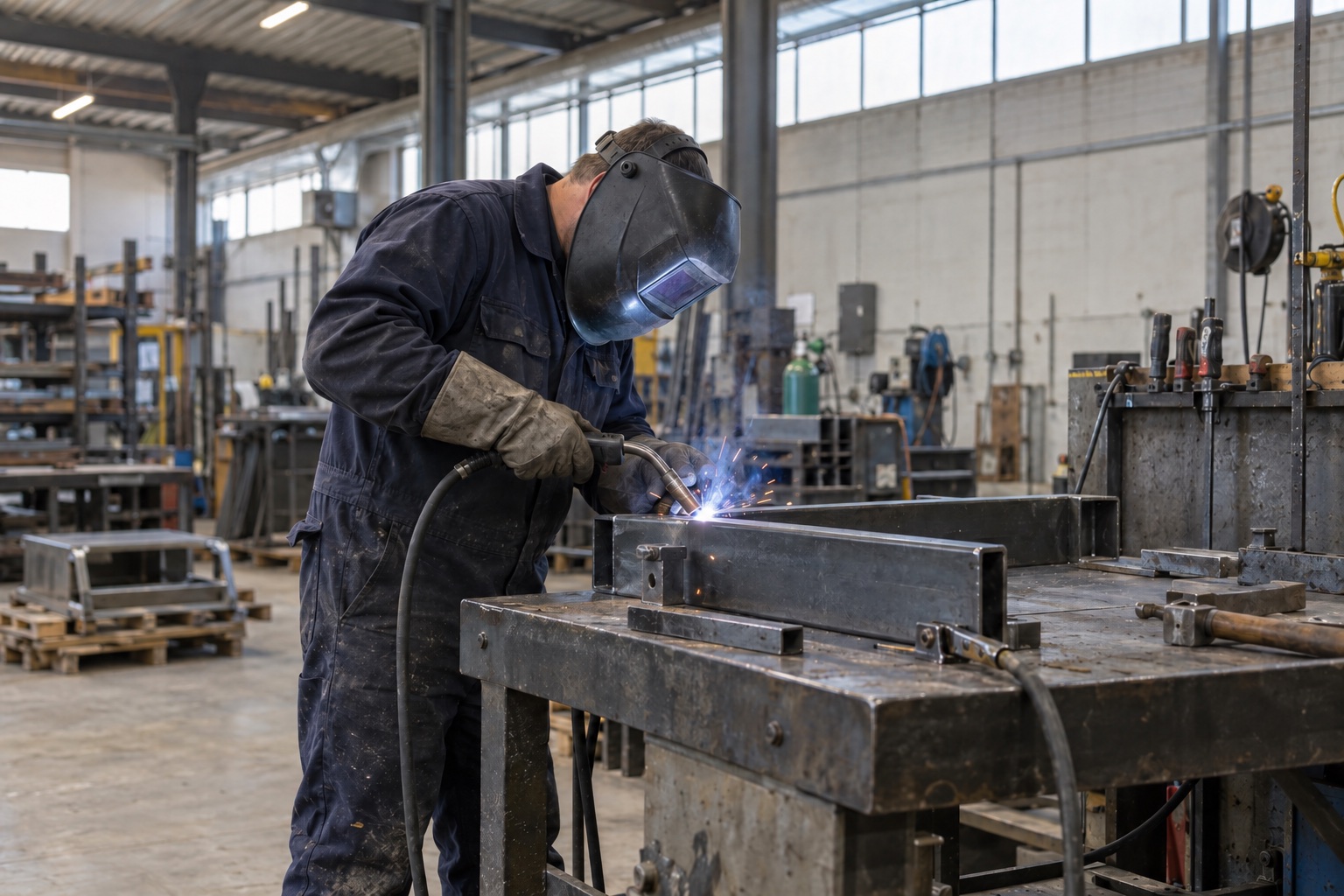 Een man last een stalen werkstuk aan een werkbank in een loods.